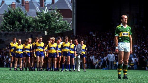 Kerry's Jack O'Shea and the Clare footballers stand for the anthem befor the 1992 Munster SFC Final. 