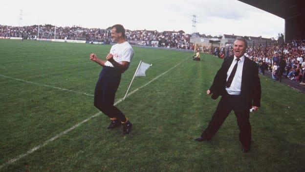 Clare manager, John Maughan, celebrates after the final whistle blows in the 1992 Munster SFC Final. 