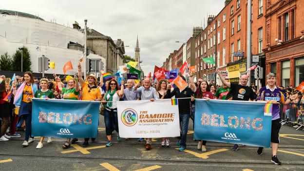 Members of the GAA, LGFA, and Camogie Association pictured taking part in the 2019 Dublin Pride Parade in Dublin. 