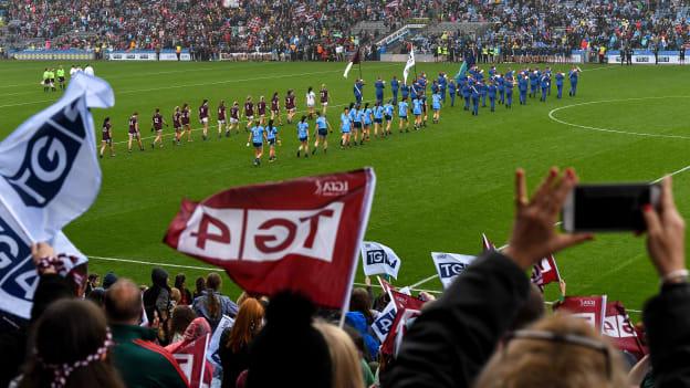 Dublin and Galway teams march behind the Artane Band before the TG4 All-Ireland Ladies Football Senior Championship Final match between Dublin and Galway at Croke Park in Dublin. 
