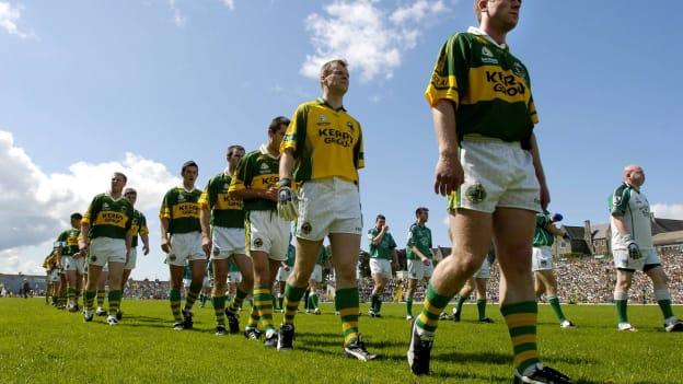 Dara Ó Cinnéide leads the Kerry team before the 2004 Munster SFC Final replay against Limerick.