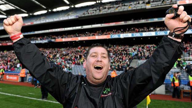 Loughiel Shamrocks manager, PJ O'Mullan, celebrates after victory over Coolderry in the 2012 AIB All-Ireland Club SHC Final. 