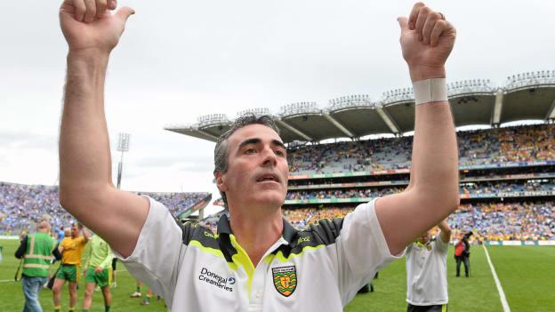 Donegal manager, Jim McGuinness, celebrates after victory over Dublin in the 2014 All-Ireland SFC semi-final. 