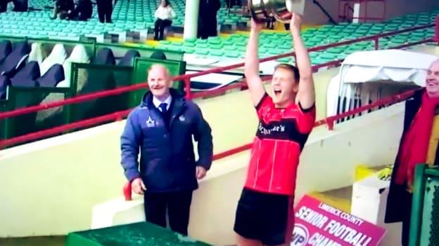Shane Doherty lifts the Cup for Adare after victory over Ballylanders in the Limerick SFC Final. 