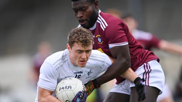 Jimmy Hyland of Kildare is tackled by Boidu Sayeh of Westmeath during the Allianz Football League Division 2 Round 7 match between Kildare and Westmeath at St Conleth's Park in Newbridge, Kildare. 