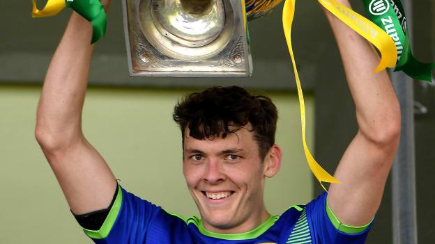 Kerry captain David Clifford lifts the cup after the Allianz Football League Division 1 Round 7 match between Kerry and Donegal at Austin Stack Park in Tralee, Kerry. 