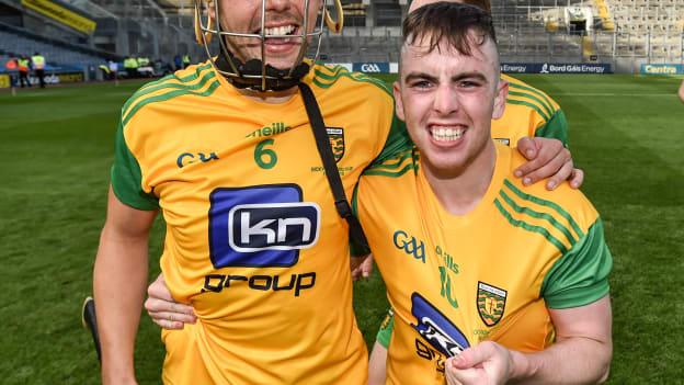 Seán McVeigh, left, and Ciaran Finn of Donegal celebrate after victory over Warwickshire in the 2018 Nickey Rackard Cup Final. 
