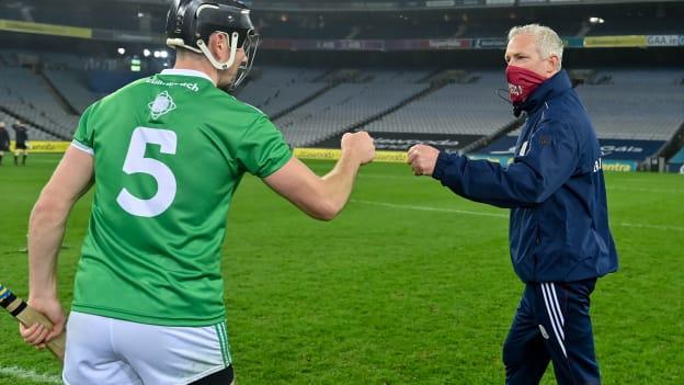 Galway manager Shane O'Neill congratulates Limerick's Diarmaid Byrnes following the All Ireland SHC semi-final at Croke Park.