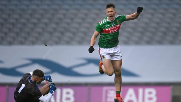 Cillian O'Connor of Mayo celebrates after scoring his side's second goal during the GAA Football All-Ireland Senior Championship Semi-Final match between Mayo and Tipperary at Croke Park in Dublin. 