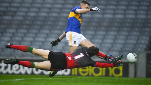 Mayo goalkeeper David Clarke saves a shot from Michael Quinlivan of Tipperary in the 5th minute of the GAA Football All-Ireland Senior Championship Semi-Final match between Mayo and Tipperary at Croke Park in Dublin. 