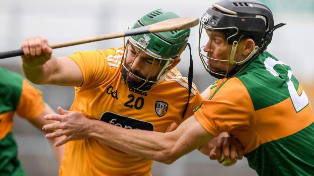 Ciaran Johnston of Antrim in action against Colm Harty of Kerry during the 2020 Allianz Hurling League Division 2A Final match between Antrim and Kerry at Bord na Mona O'Connor Park in Tullamore, Offaly. 