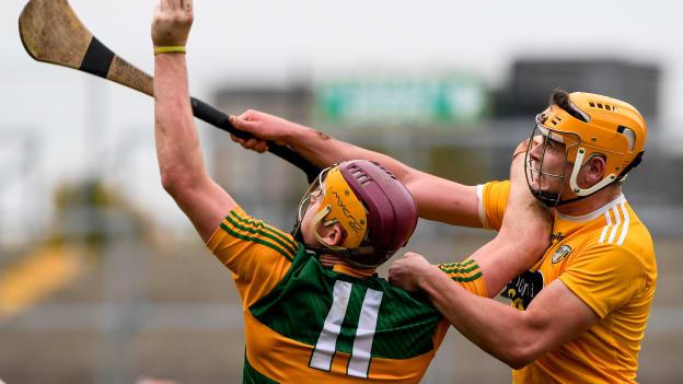 Joe Maskey, Antrim, and Michael O'Leary, Kerry, in Allianz Hurling League Division2A final action.