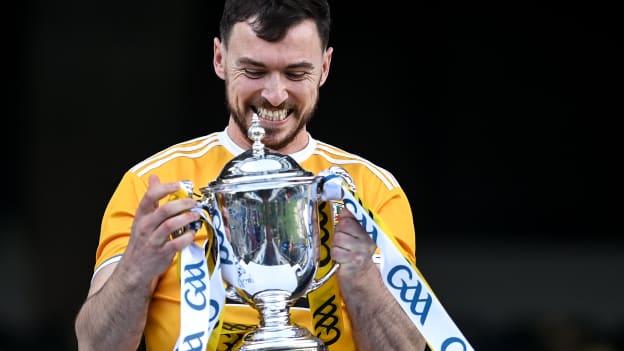 Antrim captain Conor McCann with the cup after the 2020 Joe McDonagh Cup Final match between Kerry and Antrim at Croke Park in Dublin. 