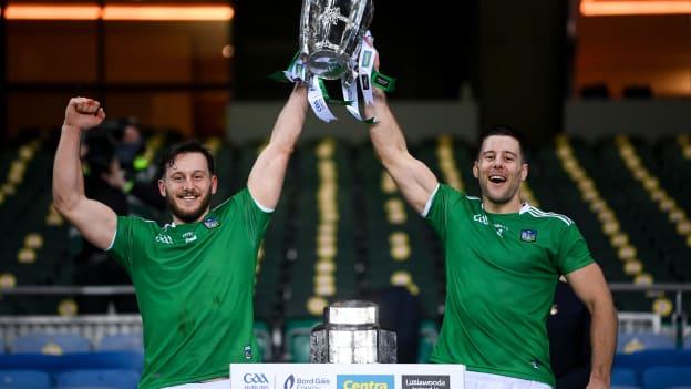 Brothers Tom Morrissey, left, and Dan Morrissey of Limerick lift the Liam MacCarthy Cup following the 2020 GAA Hurling All-Ireland Senior Championship Final match between Limerick and Waterford at Croke Park in Dublin.