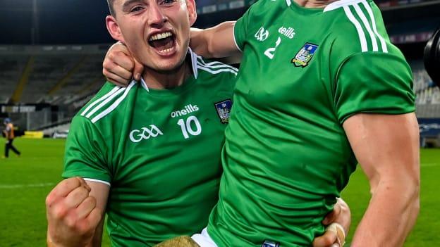 Gearoid Hegarty (left) and Sean Finn celebrate after Limerick's 2020 All-Ireland SHC Final victory over Waterford. 