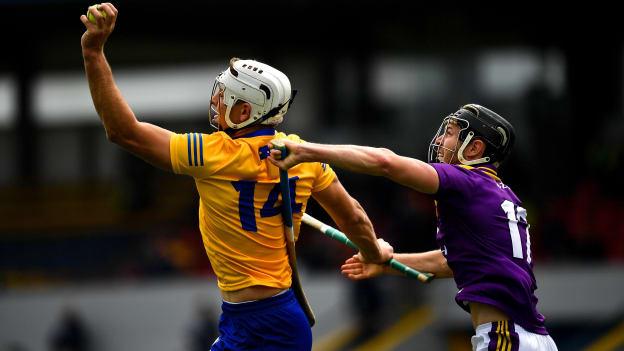 Aron Shanagher, Clare, and Joe O'Connor, Wexford, in Allianz Hurling League action at Cusack Park.
