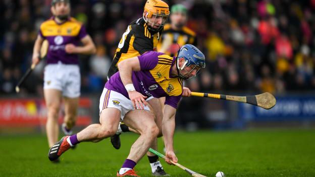 Kevin Foley of Wexford is tackled by Billy Ryan of Kilkenny during the 2020 Allianz Hurling League Division 1 Group B Round 3 match between Wexford and Kilkenny at Chadwicks Wexford Park in Wexford. 