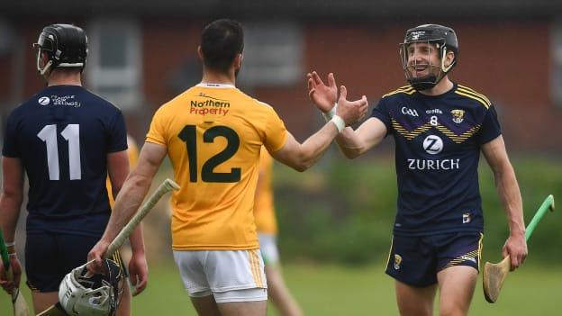 Diarmuid O'Keeffe of Wexford and Neil McManus of Antrim shake hands following the Allianz Hurling League Division 1 Group B Round 4 match between Antrim and Wexford at Corrigan Park in Belfast. 
