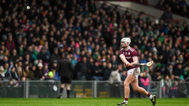 Joe Canning of Galway scores a free during the 2020 Allianz Hurling League Division 1 Group A Round 2 match between Limerick and Galway at LIT Gaelic Grounds in Limerick. 