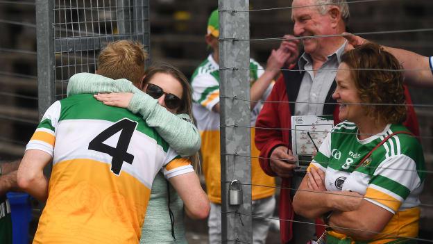 Niall Darby of Offaly hugs his girlfriend Nicola O'Connor following the Leinster GAA Football Senior Championship Round 1 match between Louth and Offaly at Páirc Tailteann in Navan, Meath. 
