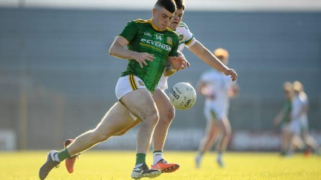 Eoghan Frayne of Meath in action against John Furlong of Offaly during the Electric Ireland Leinster GAA Football Minor Championship Final match between Meath and Offaly at TEG Cusack Park in Mullingar, Westmeath. 