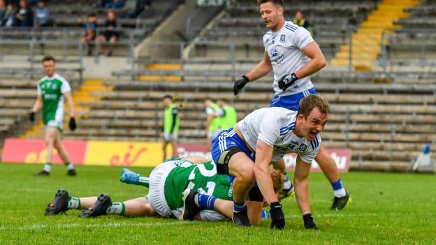 Jack McCarron of Monaghan, centre, celebrates after scoring his side's goal during the Ulster GAA Football Senior Championship Quarter-Final match between Monaghan and Fermanagh at St Tiernach’s Park in Clones, Monaghan. 