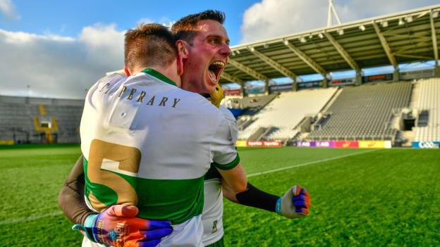 Conor Sweeney celebrates with team-mate Bill Maher after Tipperary's victory over Cork in the 2020 Munster SFC Final. 