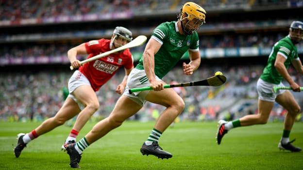 Tom Morrissey of Limerick and Niall Cashman of Cork during the GAA Hurling All-Ireland Senior Championship Final match between Cork and Limerick in Croke Park, Dublin. 