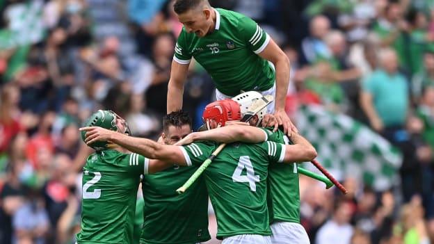 Gearóid Hegarty of Limerick, top, celebrates with team-mates after the GAA Hurling All-Ireland Senior Championship Final match between Cork and Limerick in Croke Park, Dublin.