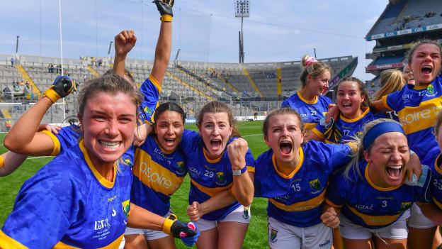 Wicklow players celebrate after their side's victory in the TG4 All-Ireland Ladies Junior Football Championship Final match between Antrim and Wicklow at Croke Park in Dublin.