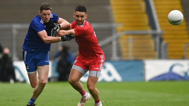 Conor McManus of Monaghan in action against Pádraig Hampsey of Tyrone during the Ulster GAA Football Senior Championship Final match between Monaghan and Tyrone at Croke Park in Dublin.