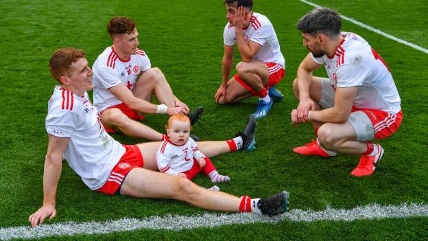 Peter Harte of Tyrone with his ten month old daughter Ava and team mates Conor Meyler, Darragh Canavan and Matthew Donnelly after the GAA Football All-Ireland Senior Championship Final match between Mayo and Tyrone at Croke Park in Dublin. 