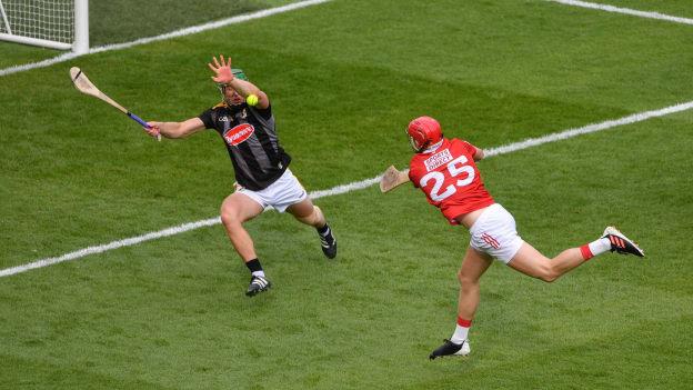 Kilkenny goalkeeper Eoin Murphy saves a shot from Alan Connolly of Cork during the 2021 GAA Hurling All-Ireland Senior Championship semi-final match between Kilkenny and Cork at Croke Park in Dublin. 