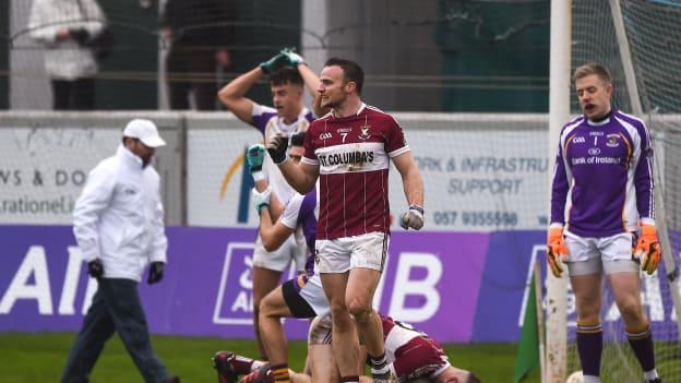 Dónal McElligott of Mullinalaghta St Columba's celebrates after his side were awarded a decisive penalty during the 2018 AIB Leinster GAA Football Senior Club Championship Final match between Kilmacud Crokes and Mullinalaghta St Columba's at Bord na Móna O'Connor Park in Offaly.