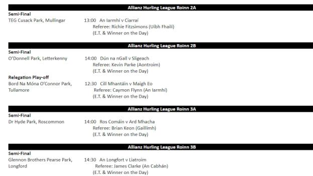 Referees for this weekend's Allanz Hurling League Divisions 2A, 2B, 3A, and 3B matches.