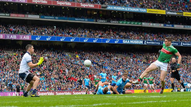 Lee Keegan scores a goal for Mayo against Dublin in the 2019 All-Ireland SFC semi-final. 