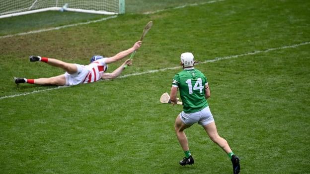 Aaron Gillane of Limerick shoots to score his side's second goal during the Munster GAA Hurling Senior Championship Round 1 match between Cork and Limerick at Páirc Uí Chaoimh in Cork. 