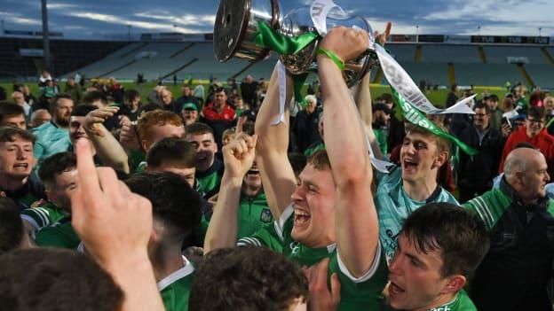 Limerick captain Jimmy Quilty and teammates celebrate with the trophy after their side's victory in oneills.com Munster GAA Hurling U20 Championship Final match between Limerick and Tipperary at TUS Gaelic Grounds in Limerick. 