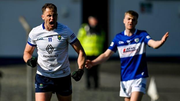 Dean Healy of Wicklow celebrates scoring a point during the Leinster GAA Football Senior Championship Round 1 match between Wicklow and Laois at the County Grounds in Aughrim, Wicklow. 