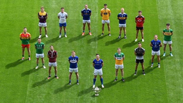 In attendance are; front row, from left, Darragh Foley of Carlow, Declan McCusker of Fermanagh, Kevin Maguire of Westmeath, Evan O’Carroll of Laois, Mickey Quinn of Longford, Johnny Moloney of Offaly, Niall Murphy of Sligo, Dean Healy of Wicklow and Mark Diffley of Leitrim. Back row from left, Martin O’Connor of Wexford, Conor Murray of Waterford, Killian Clarke of Cavan, Conor Stewart of Antrim, Teddy Doyle of Tipperary and Barry O’Hagan of Down during the Tailteann Cup launch at Croke Park in Dublin. 