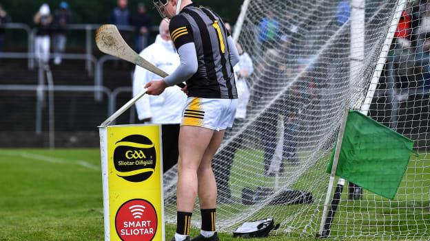 Kilkenny goalkeeper Aidan Tallis at the Smart Sliotar container before the start of the second half of the 2022 oneills.com Leinster GAA Hurling U20 Championship Final match between Wexford and Kilkenny at Netwatch Cullen Park in Carlow. 