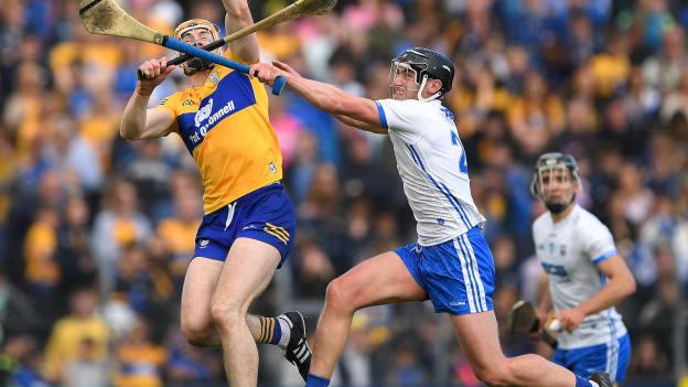 David Fitzgerald, Clare, and Pauric Mahony, Waterford, in Munster SHC action at Cusack Park.