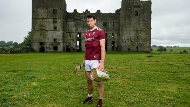Gearóid McInerney of Galway poses for a portrait with the Liam MacCarthy Cup at Loughmore Castle at the GAA Hurling All-Ireland Senior Championship Series national launch in Tipperary. 