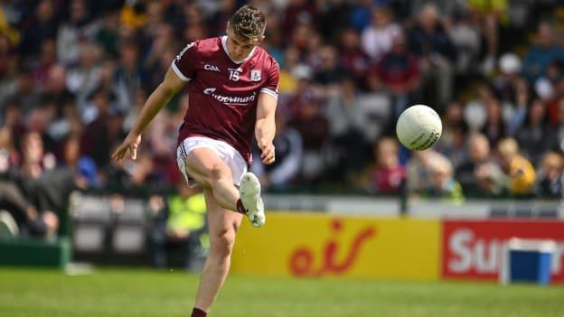 Shane Walsh of Galway takes a free during the 2022 Connacht GAA Football Senior Championship Final match between Galway and Roscommon at Pearse Stadium in Galway.