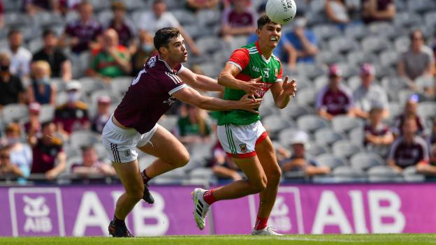 Tommy Conroy of Mayo in action against Seán Mulkerrin of Galway during the 2021 Connacht GAA Senior Football Championship Final match between Galway and Mayo at Croke Park in Dublin. 