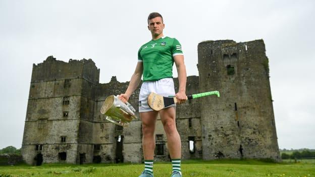 Mike Casey of Limerick poses for a portrait with the Liam MacCarthy Cup at Loughmore Castle during the GAA Hurling All-Ireland Senior Championship Series national launch in Tipperary