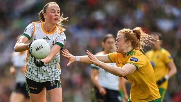Aoibhín Cleary, Meath, and Evelyn McGinley, Donegal, in action at Croke Park.