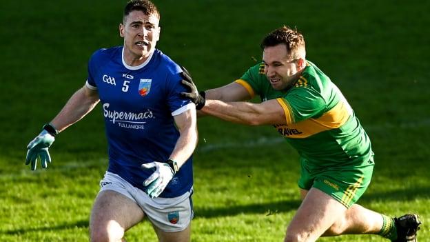 Kevin O'Brien, Tullamore, and Pauric Sullivan, Rhode, in action during the 2021 Offaly SFC Final.