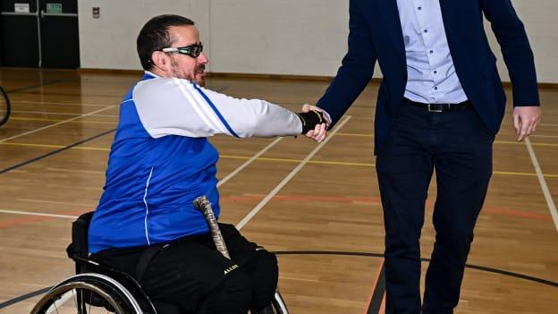 Minister of State for Sport and the Gaeltacht, Jack Chambers TD meeting James McCarthy of Munster before the M.Donnelly GAA Wheelchair Hurling / Camogie All-Ireland Finals 2022 at Ashbourne Community School in Ashbourne, Meath. 