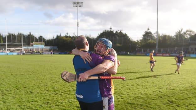 Kilmacud Crokes manager Donal McGovern and Oisín O’Rorke of Kilmacud Crokes embrace after their side's victory in the Dublin County Senior Club Hurling Championship Final match between Kilmacud Crokes and Na Fianna at Parnell Park in Dublin.